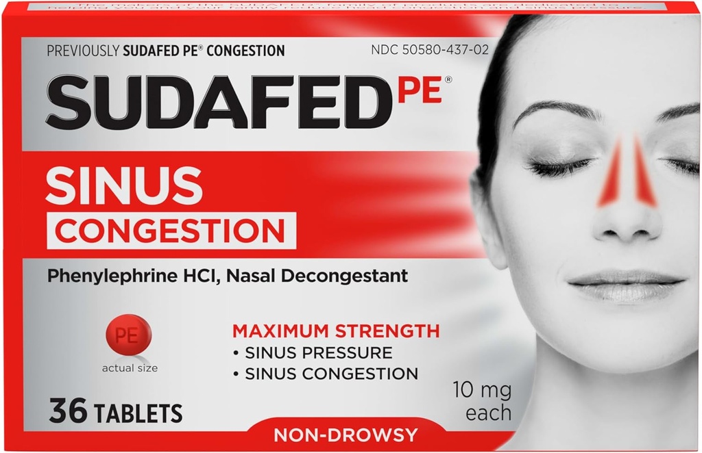 Sudafed PE の Sinus の輻輳の救助のタブレット、最高の強さ、非眠気 10 mg の Phenylephrine HCI の Sinus 圧力及び鼻の混雑の救助、風邪かアレルギー、36 ct が原因で