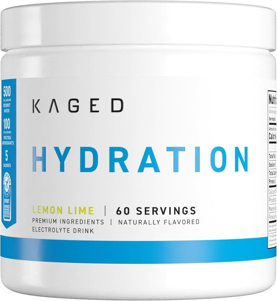 Kaged Hydration Electrolytes Powder | Lemon Lime | Hydra-Charge Sports Drink Mix | Pre, Post, Intra Workout | Low Carb, Vegan, Gluten Free | Supplements for Men & Women | 60 Servings