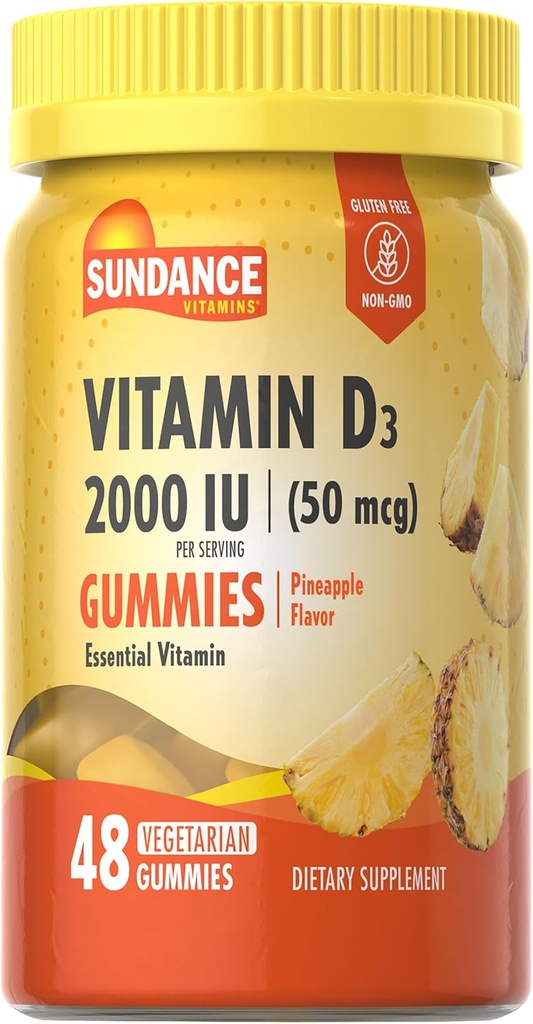 Sundance Vitamin D3 Gummies | 2000 IU | 48 Count | Pineapple Flavor | Vegetarian, Non-GMO, and Gluten Free Supplement
