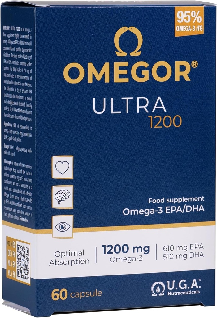 OMEGORオメガ3の魚油1200mg超- 610mg EPAおよび510 DHA Omega3 IFOSの証明される-高いBioavailabilityおよび後味無し(60の帽子)