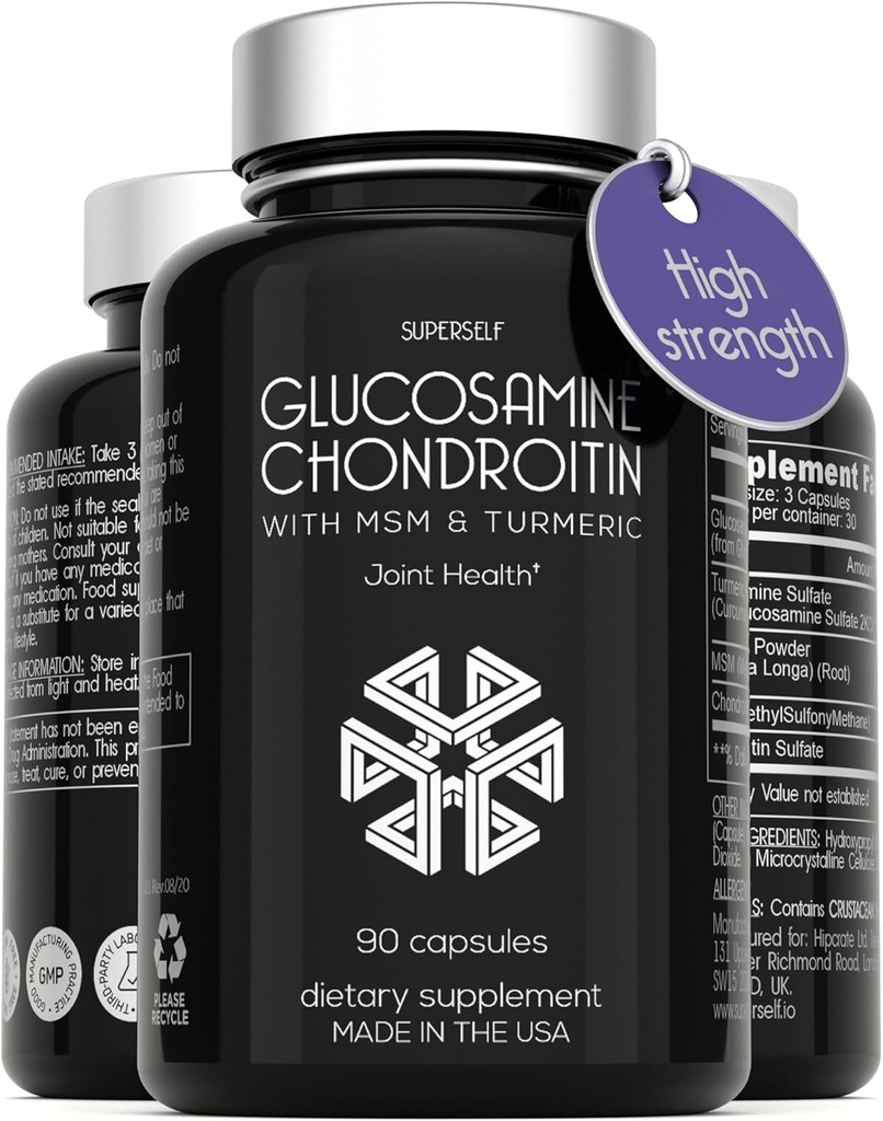 Glucosamine Chondroitin MSM with Turmeric - High Strength Joint Support Supplement for Adults Men & Women - 90 Capsules - 1500mg Glucosamine Sulfate per Serving