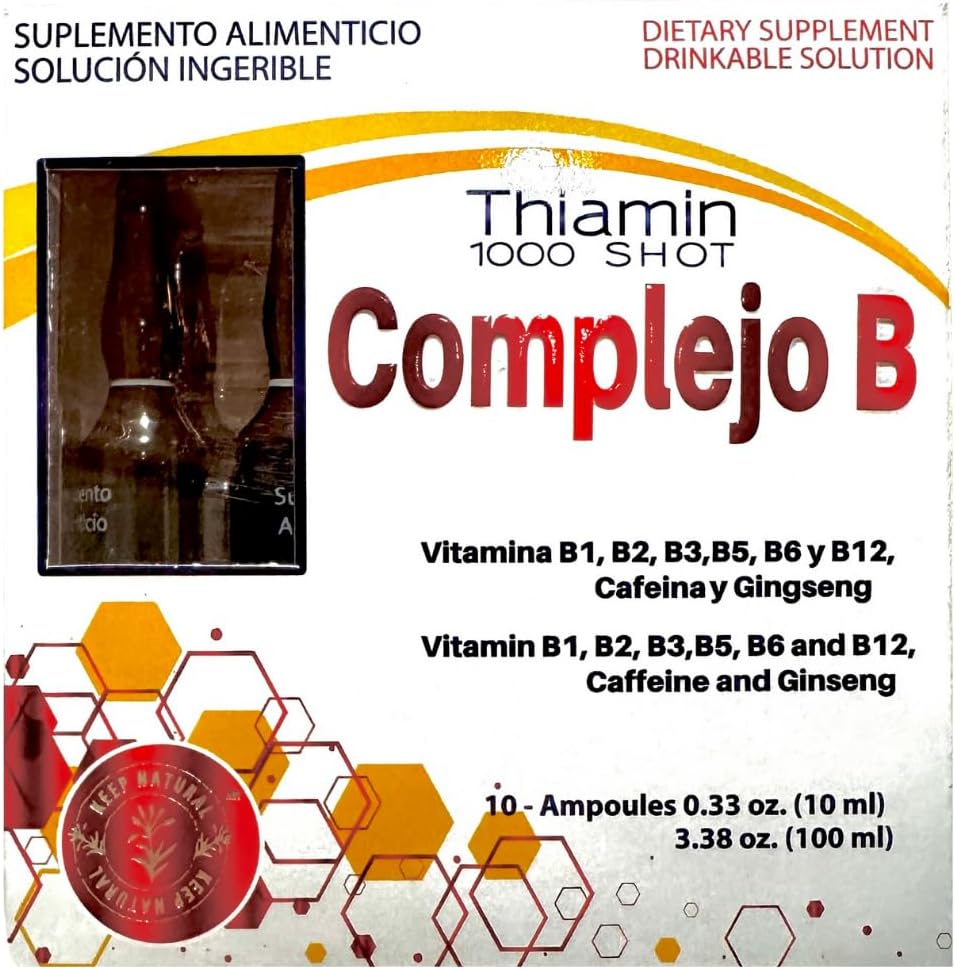 B Complex, Complejo B 1000 Shot | Multi-Vitamins, Caffeine, and Ginseng | Box with 10 Ampoules of 10ml | Energy, Cognitive Function, and Metabolic Health Boost.