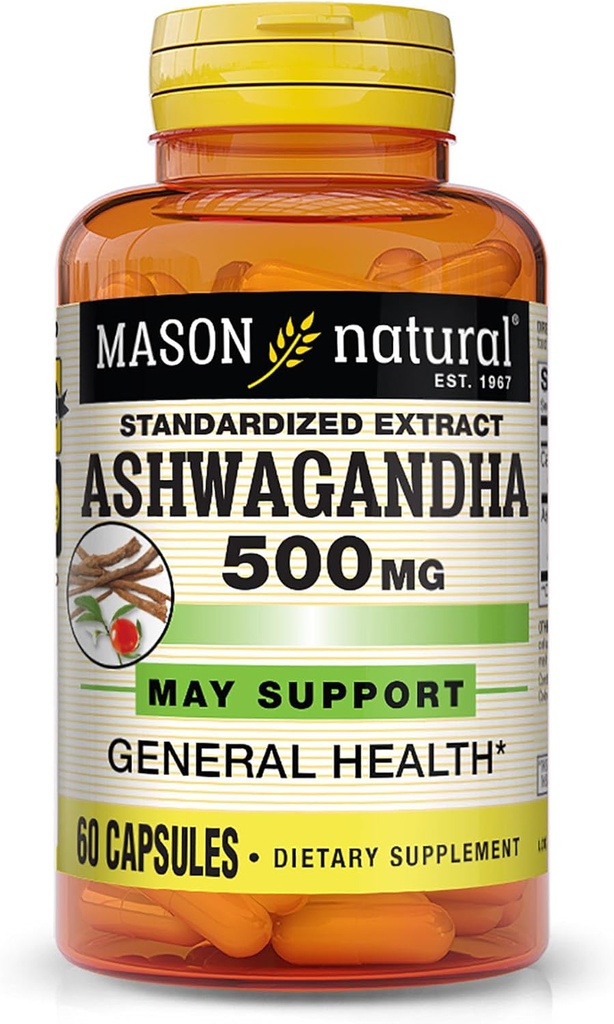 マソンナチュラルアシュワガンダ500mg、ストレス&エネルギーサポートのための適応剤、ハーブサプリメント、60日の供給