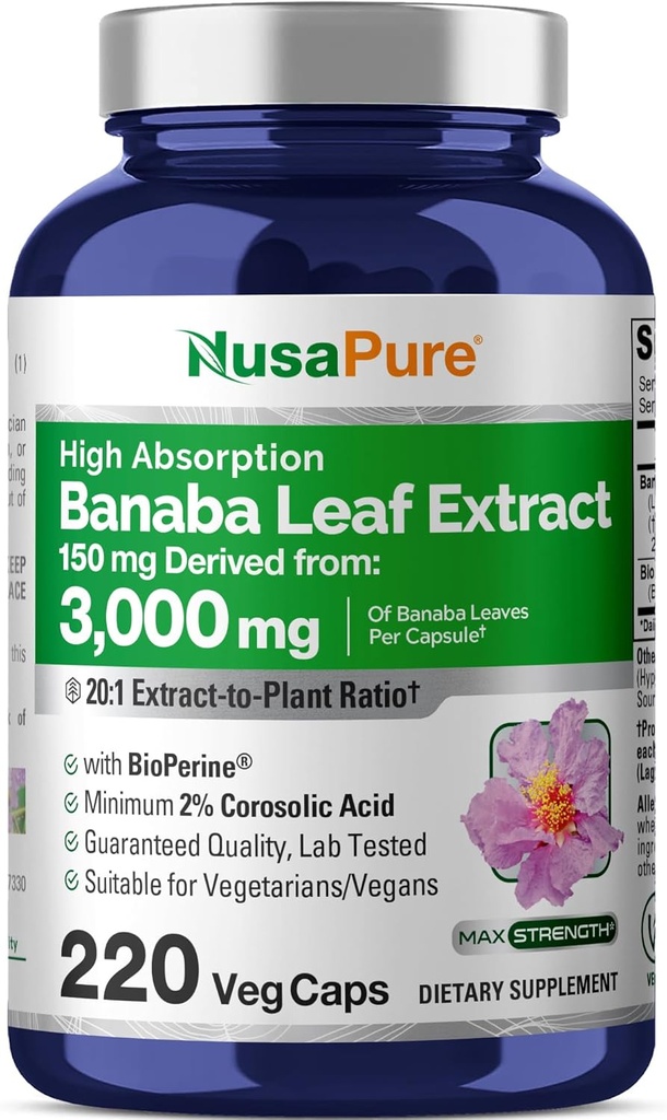 NusaPure バナナ リーフ 20:1 抽出物, 150 mg に等価 3,000 mg Veg キャップ, 220 日の供給 (非GMO & ビーガン) 2% コロロ酸