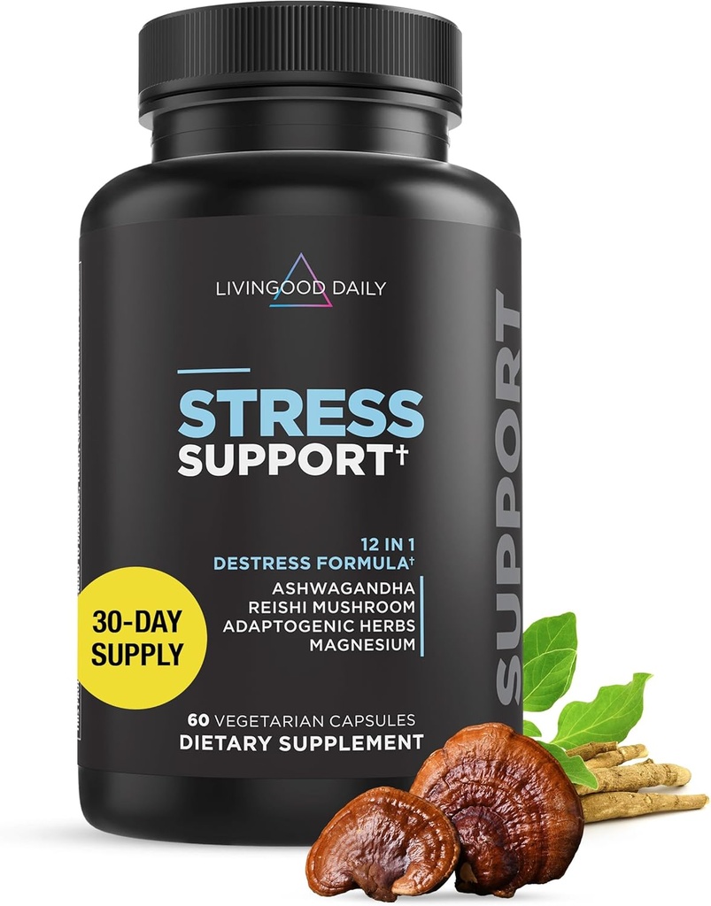 Livingood Daily Stress Support, 12-in-1 Supplement with Ashwagandha, Reishi Mushroom, Vitamin B6, Adaptogenic Herbs & Magnesium, Supports Mood & Calm, Gluten Free, Vegan, 60 Vegetarian Capsules