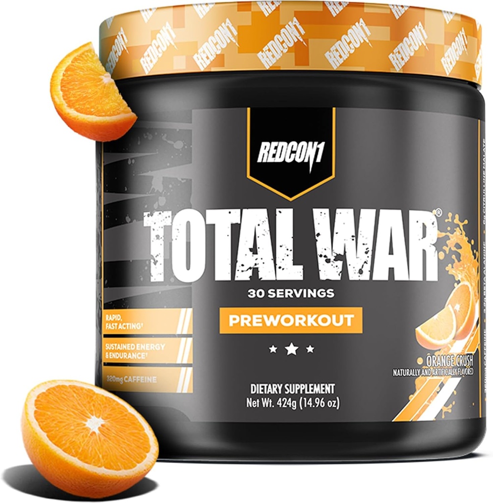 REDCON1 Total War Pre Workout、オレンジクラッシュ - 緑茶、ジュニパー、ベータアラニンからカフェインの320mgが含まれています - ポンプ、エネルギー+持久力(30のサービング)を高めるためにアミノ酸で事前作業