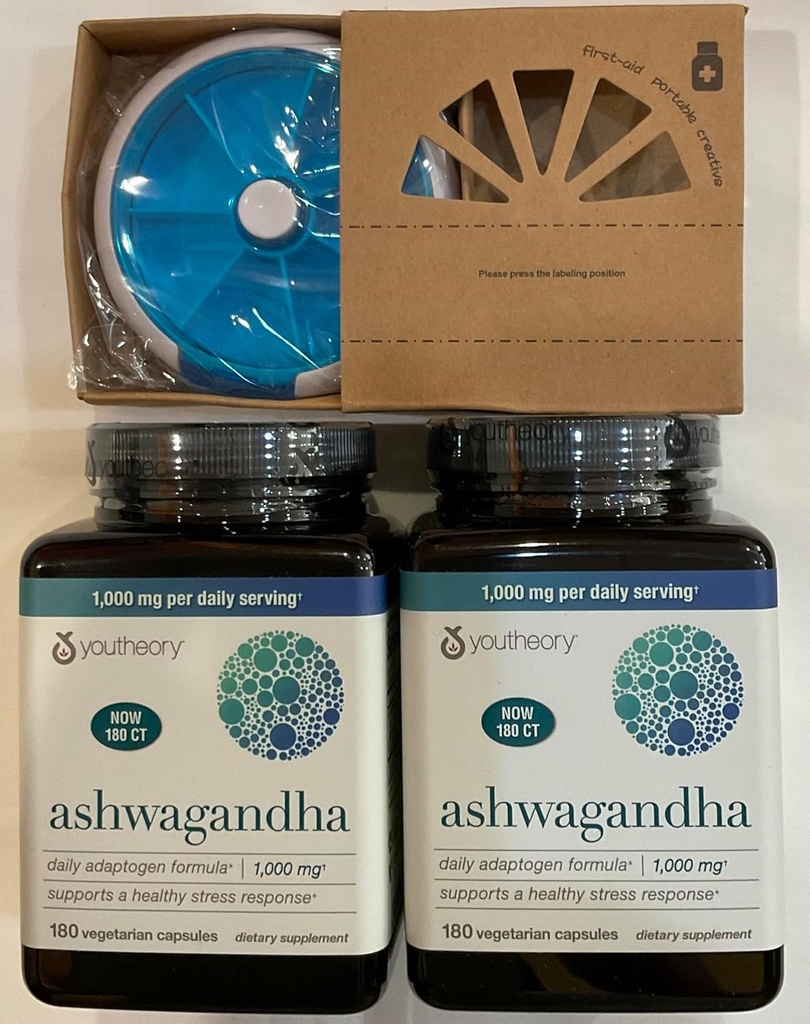 Youtheory Ashwagandha KSM-66 の 1000mg - 健康な圧力応答、180 のカプセルを支えます(2 のパック)およびPill Orgnizer の束