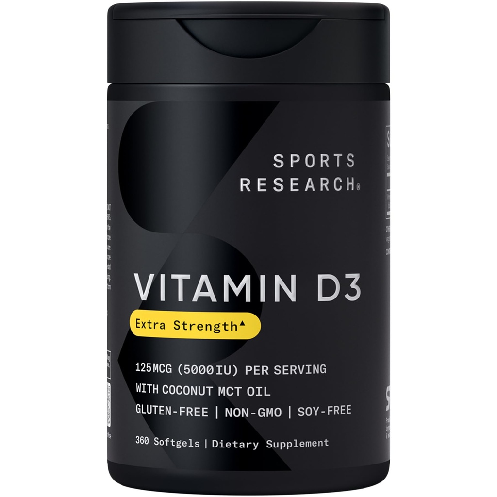 スポーツリサーチ®ビタミンD3 w /ココナッツMCTオイル - ハイ効力ビタミンD3 5000iu(125mcg)免疫&骨サポート用サプリメント - 種子油フリー - 非GMO -グルテンフリー(360液体ソフトゲル)