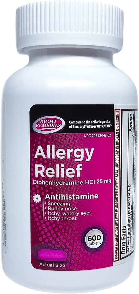 アレルギーの救助の抗ヒスタミン、Diphenhydramine HCl 25mg (600の計算)、国民のブランドのアレルギーUltratabsと比較されて、季節的な屋内か屋外の上部の呼吸器アレルギーを取り除きます