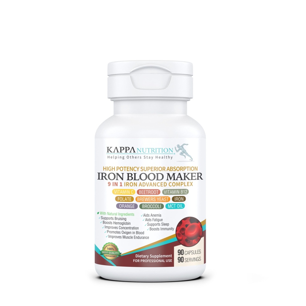 KAPPAの栄養物の鉄26mg、ビタミンC及びオレンジ150mgの葉酸塩667mcg DFE、ビタミンB12、ビートルート、ビールイースト、ブロッコリー及びMCTオイル1の高度の複合体(90のカプセル)の9