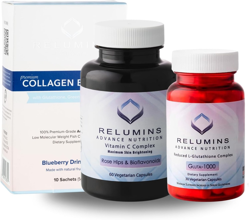 Relumins Premium Summer Glow Set - コラーゲンブルーベリー、グルタチオン1000mg&ビタミンC - 皮膚の健康と全体的なウェルネスのための抗酸化サポート - 3-in-1ビューティ&ウェルネスキット