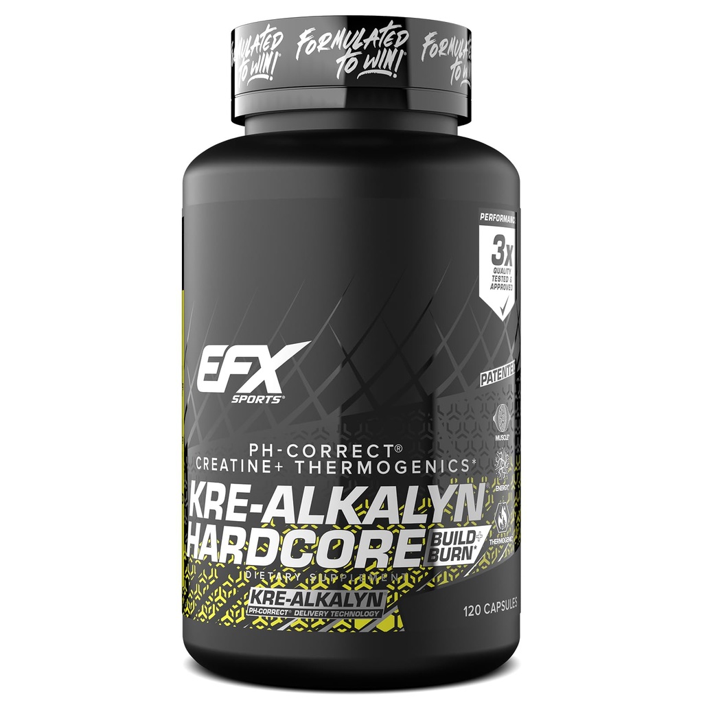 EFX Sports Kre-Alkalyn ハードコア | Thermogenic pH の正しいクレアチンの Monohydrate の丸薬の補足 | エネルギー及び強さのプレワークアウト | 40 のサービング、120 のカプセル