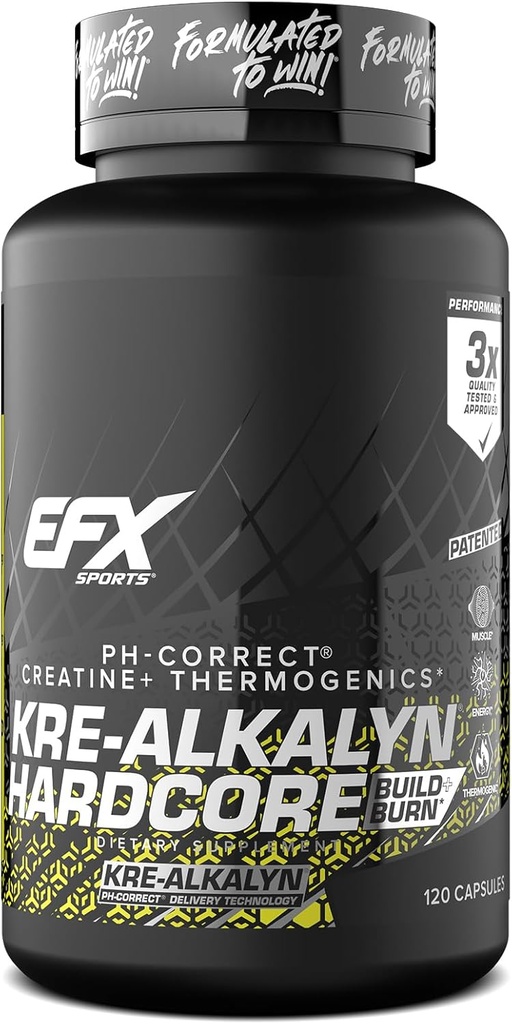 EFX Sports Kre-Alkalyn ハードコア | Thermogenic pH の正しいクレアチンの Monohydrate の丸薬の補足 | エネルギー及び強さのプレワークアウト | 40 のサービング、120 のカプセル