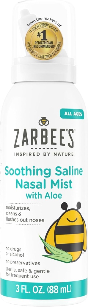 Zarbee's Soothing Saline Nasal Mist ととも に Aloe, Saline Spray for All Ages Works すぐに 清算 & Moisturize Noses, Mist Loosens Mucus & Clears Nasal Passageways, ドラッグフリー, 3 fl. Oz