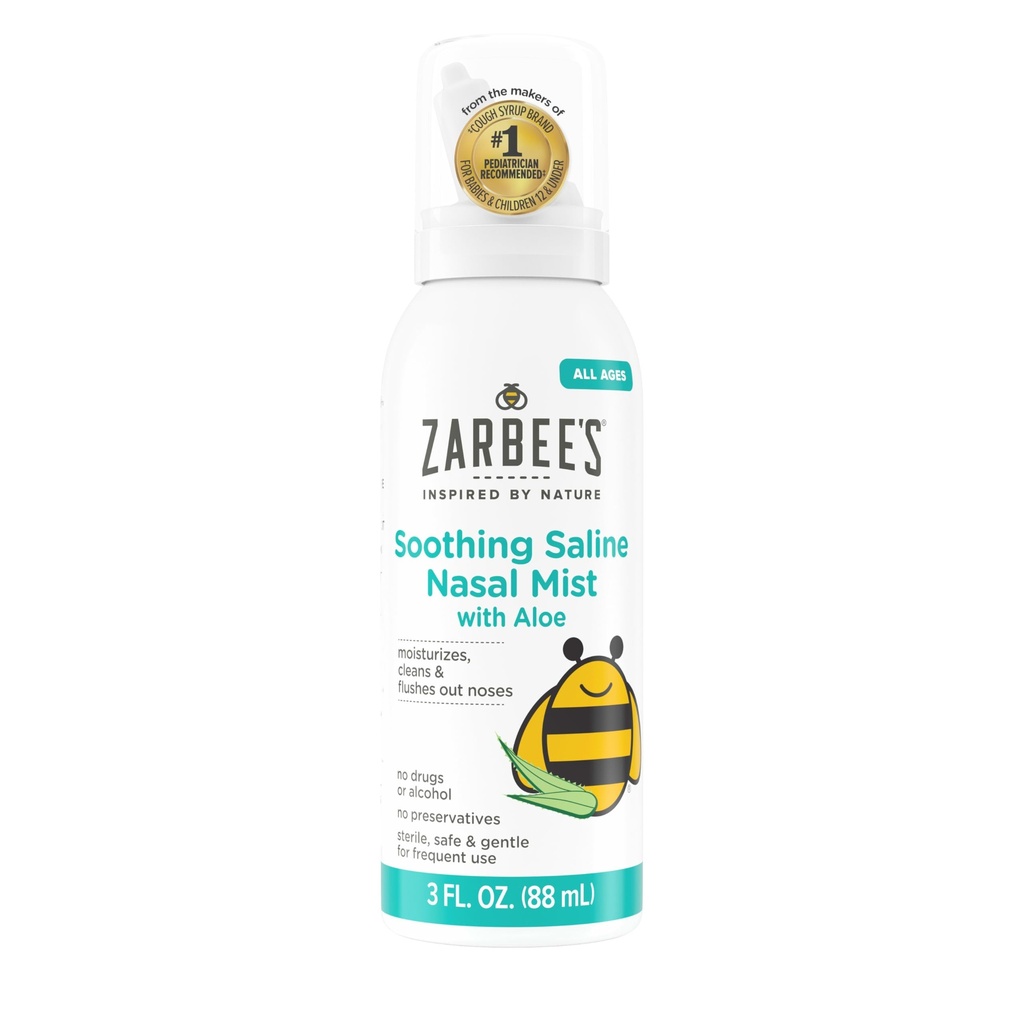 Zarbee's Soothing Saline Nasal Mist ととも に Aloe, Saline Spray for All Ages works すぐに 清算 & Moisturize Noses, Mist Loosens Mucus & Clears Nasal Passageways, ドラッグフリー, 3 fl. Oz