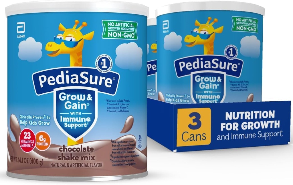 PediaSureは、免疫サポートシェイクミックスパウダー、23ビタミン&ミネラル、6gタンパク質、非GMO、グルテンフリー、チョコレート、14.1オンス缶、3-24サービングのパックで成長&ゲイン