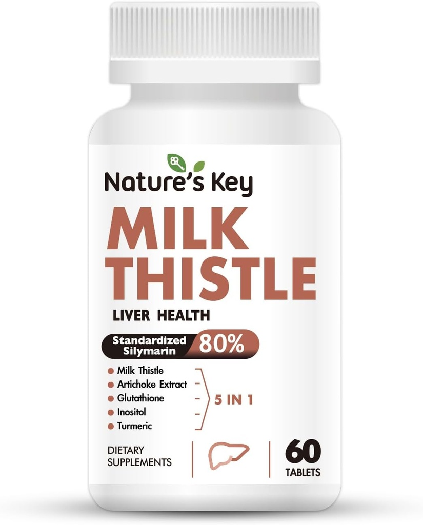 Nature's Key Milk Thistle 500mg Liver Supplement,30:1 Extra Strength 80% Silymarin | 5- in-1 Liver Cleanse Detox & Repair Formula with Artichoke, Glutathione, Inositol & Turmeric-60 タブレット