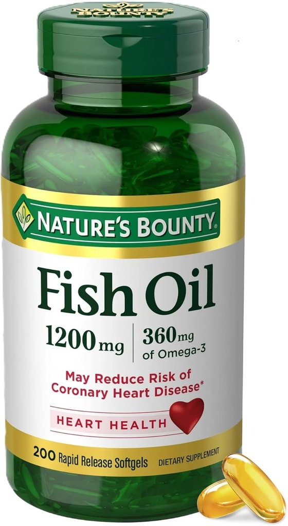Nature's Bounty Fish Oil Omega 3 サプリメント - 心の健康をサポート, 1200 Mg 魚油, Omega-3, 200 Softgels (パッケージ 1)