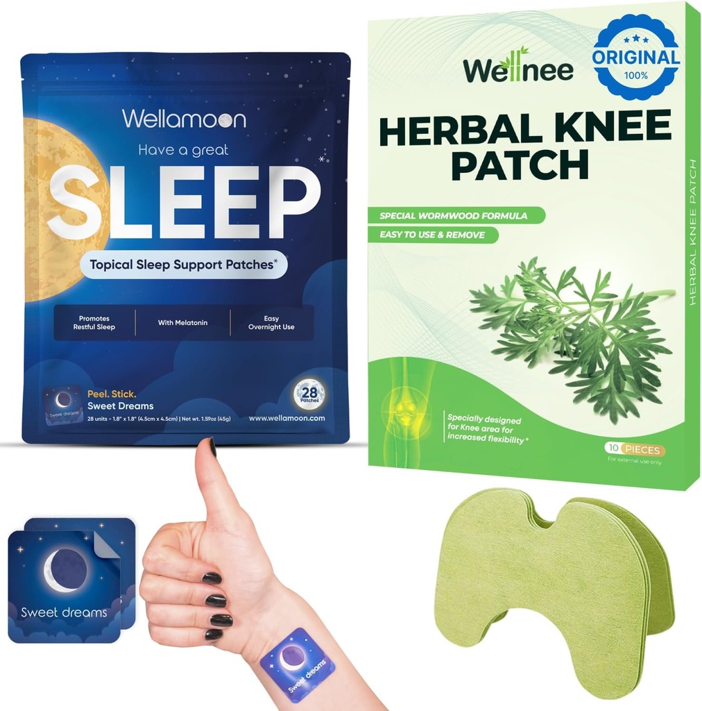Wellnee&Wellamoon Wellness Pack:Harbal Knee Comfort Patches(10Count)&Natural Sleep Support Patches(28Count) - 植物ベースの睡眠補助金による共同&筋肉の快適性