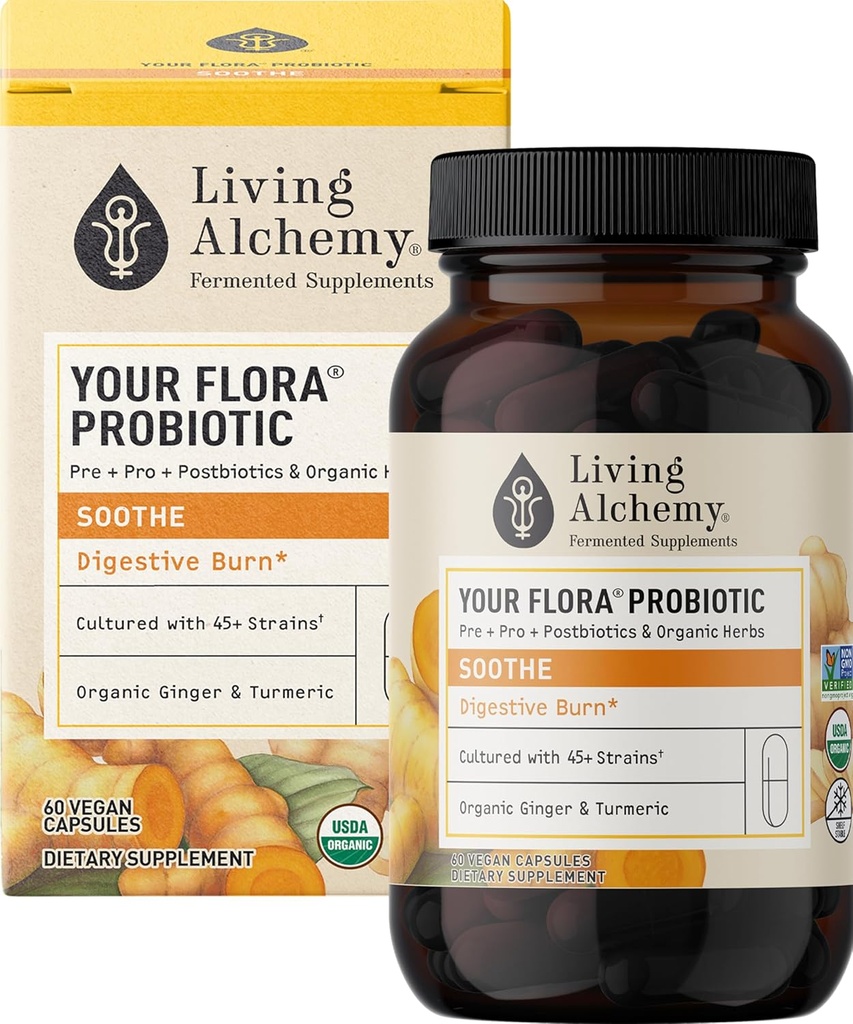 あなたのFlora Probiotic Soothe - 発酵大豆、ジンジャー、およびガットバランス、消化、およびサポートのためのターメリック - プレバイオティクス、ポストバイオティクス、消化酵素 - リビング錬金術、60 PC