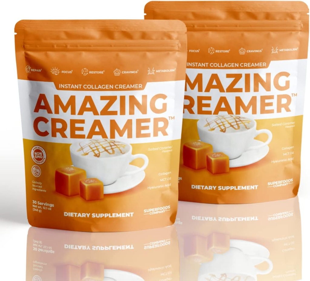 スーパーフード社、コラーゲンとアメイジングクリーム - Keto Creamer-Hyaluronic acid & MCT Oil - 脳ブースト&曲線の編曲 - 健康な皮膚と髪をサポート - ダイエットフレンドリー [60 サービング] [塩漬けキャラメル]