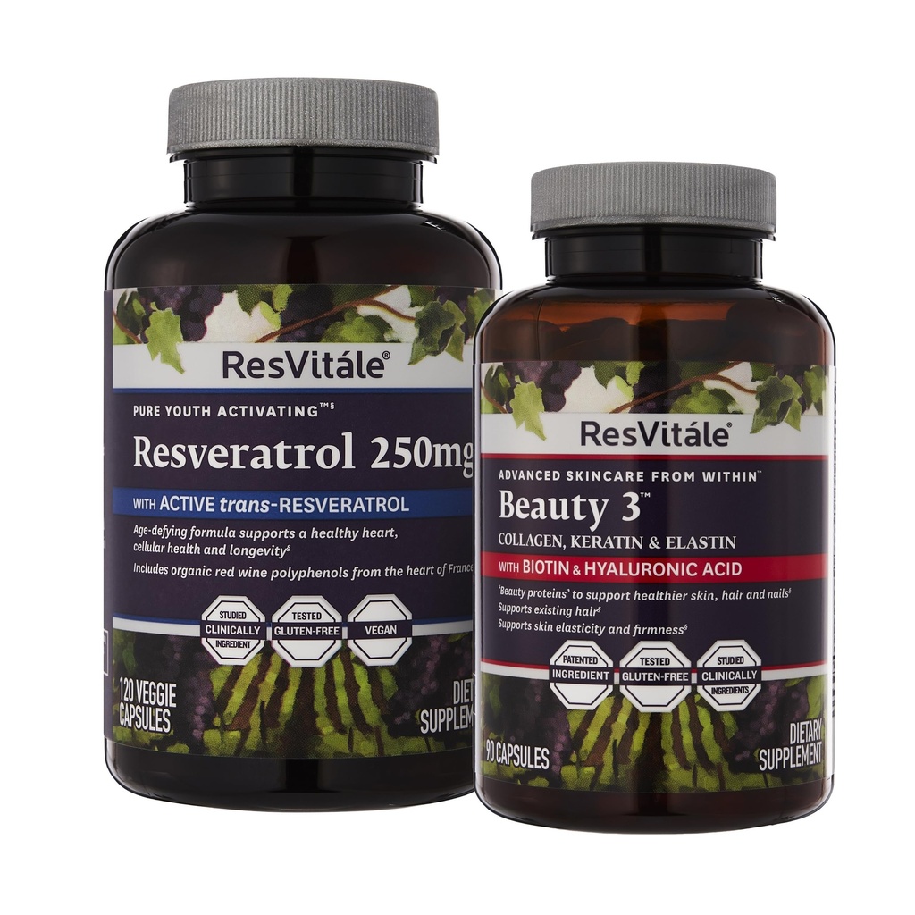 ResVitale Beauty 3 - コラーゲン、ケラチン、エラスチンとスキンケアサプリメント - 90カプセル&レスベラトロール250mg - 男性と女性のためのレスベラトロールサプリメント - 120ベジギーカプセル