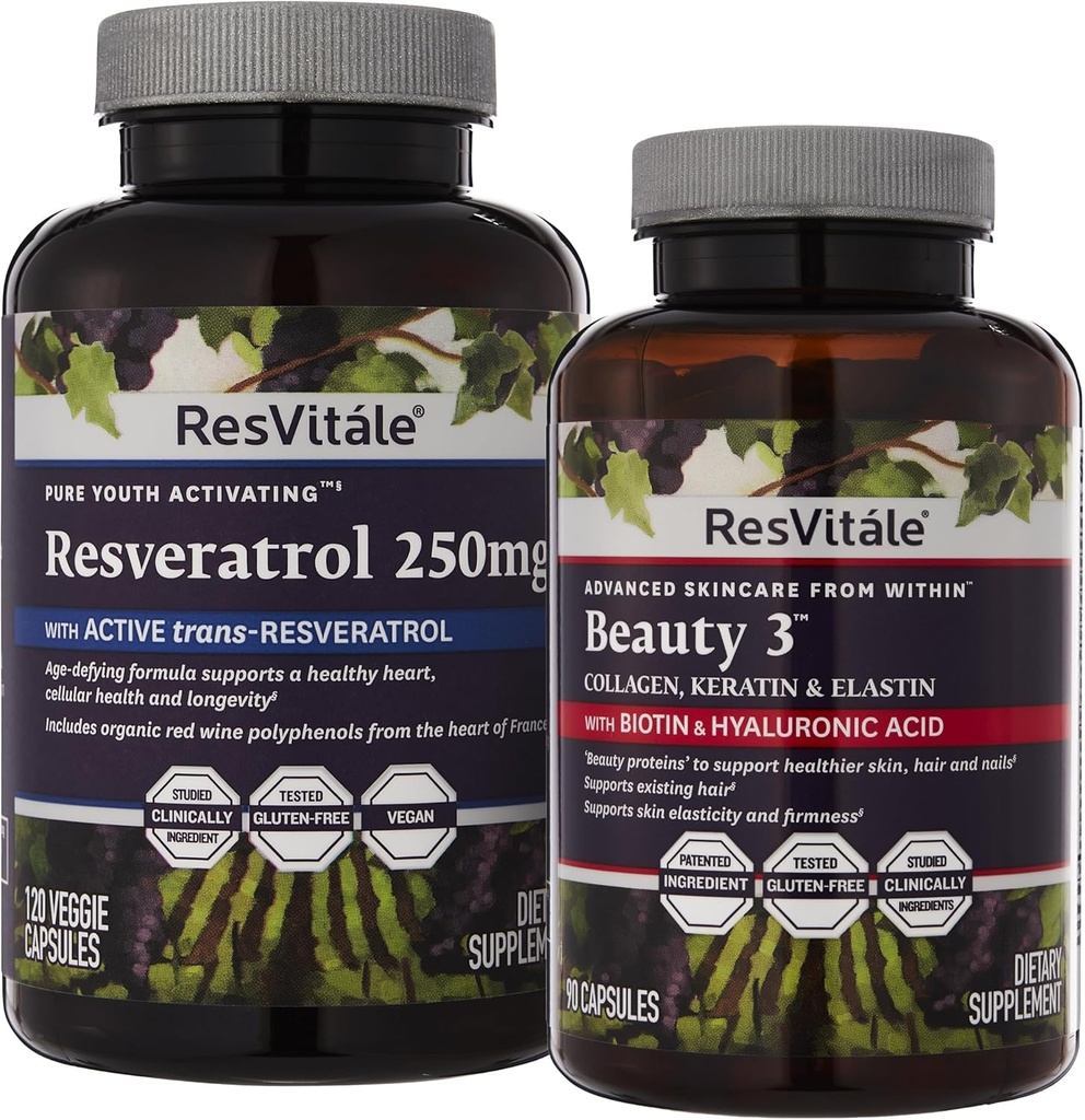 ResVitale Beauty 3 - Skin Care Supplement with Collagen, Keratin & Elastin - 90 Capsules & Resveratrol 250 mg - Resveratrol Supplement for Men and Women - 120 Veggie Capsules
