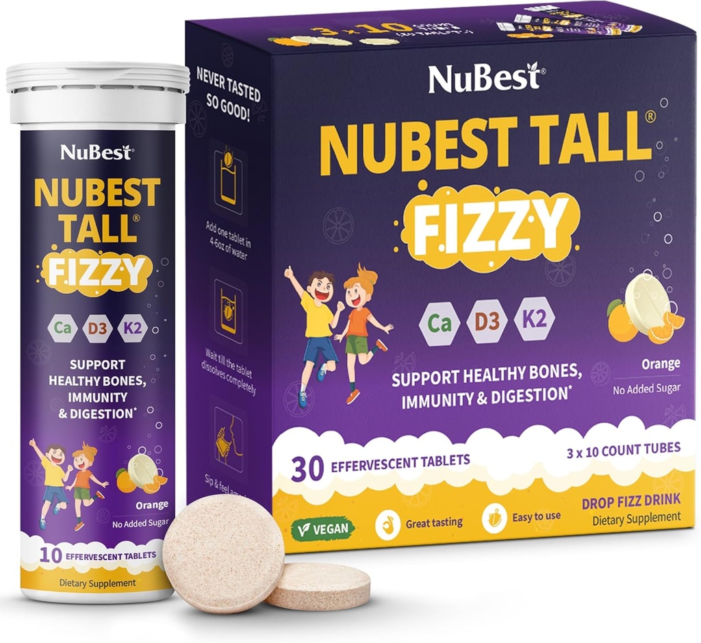 NuBest Tall Fizzy - 骨の強度、免疫、子供向け消化の健康 年齢 4 + 十代の | プロバイオティック、カルシウム、赤の海洋藻、ビタミンからマグネシウム | 30 オレンジ 発泡錠 | パック 3