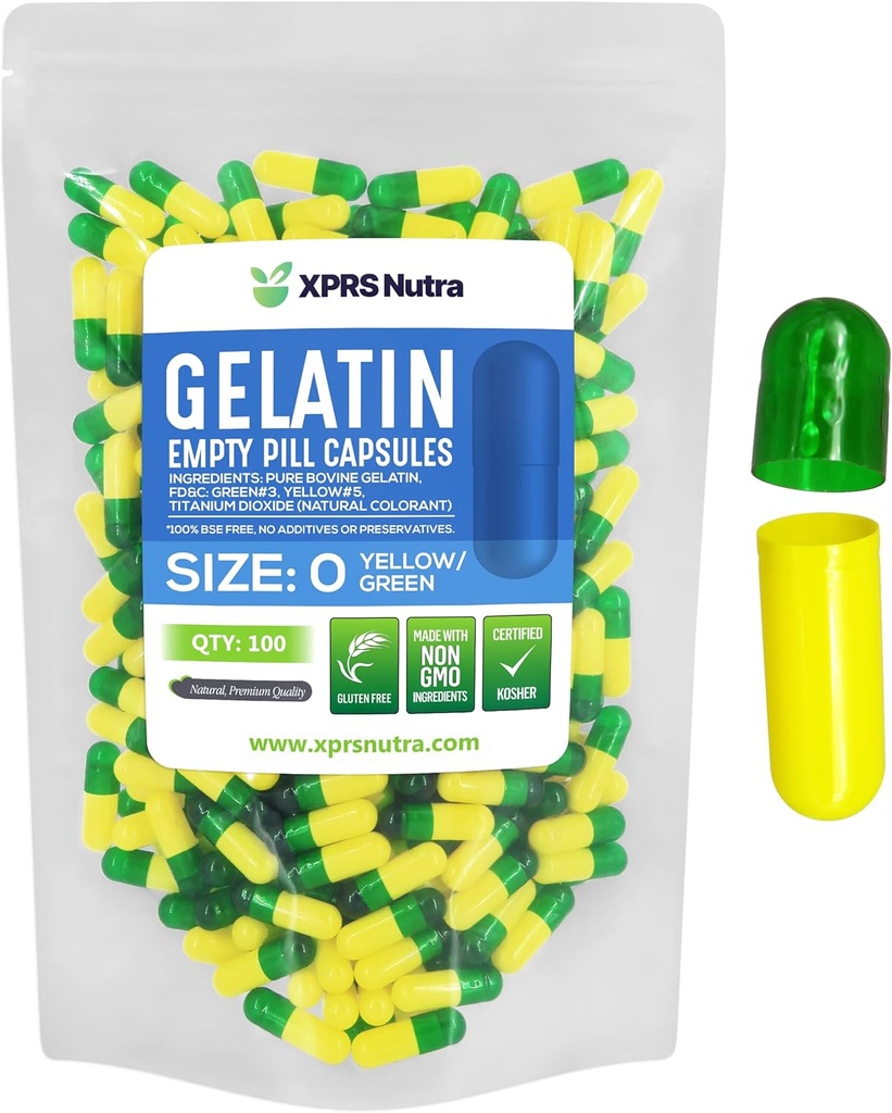 XPRSのNutraのサイズ0の空のカプセル- 100の計算の空のゼラチンのカプセル-Pills DIYのカプセルの詰物-Do-It-Yourselfの補足のための純粋な牛のゲルの帽子(緑/黄色)