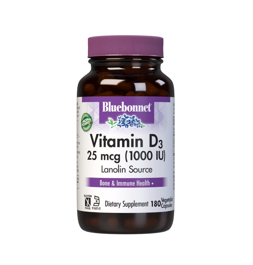 BluebonnetビタミンD3 1000 IU 25 mcg - 女性&男性のための強力な骨&免疫サポートサプリメント*大豆フリー、グルテンフリー、非GMO、ベジタリアン - 高吸収ビタミンD - 180ベジギーカプセル