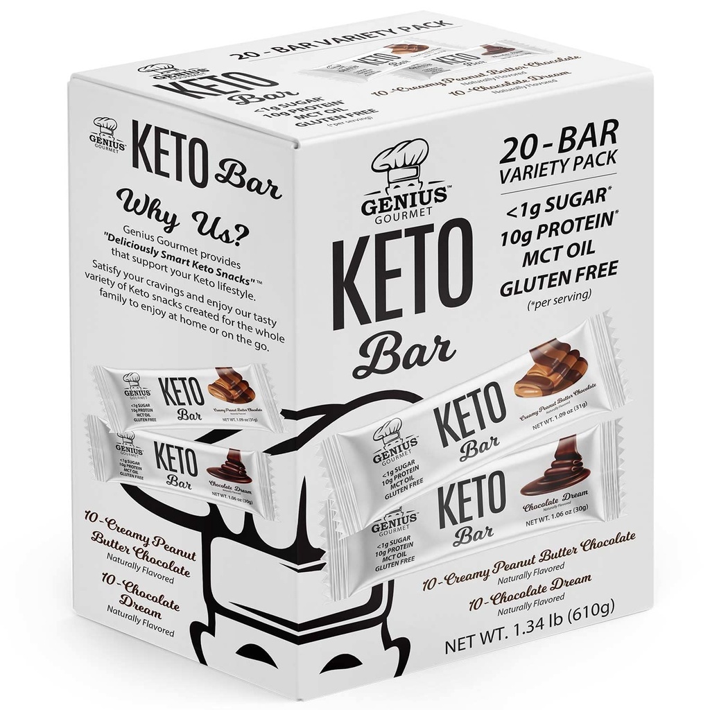 GeniusグルメグルテンフリーKetoプロテインバー、チョコレートKetoバー、プレミアムMCT、低炭水化物、低糖(Variety Pack、20カウント)