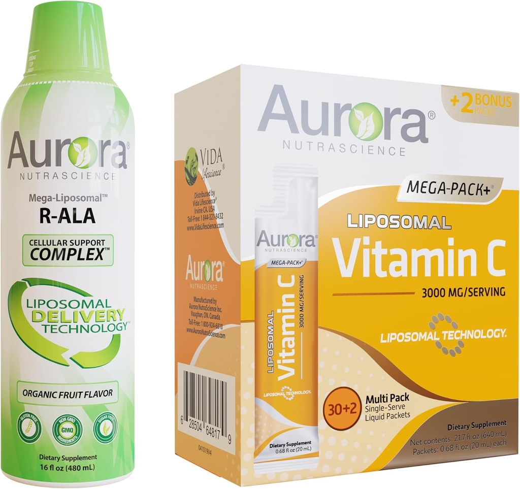 Aurora Nutrascience Mega-Liposomal R-ALA with CoQ10 & L-Carnitine Complex & Mega Liposomal Vitamin C, 3,000 mg バンドル