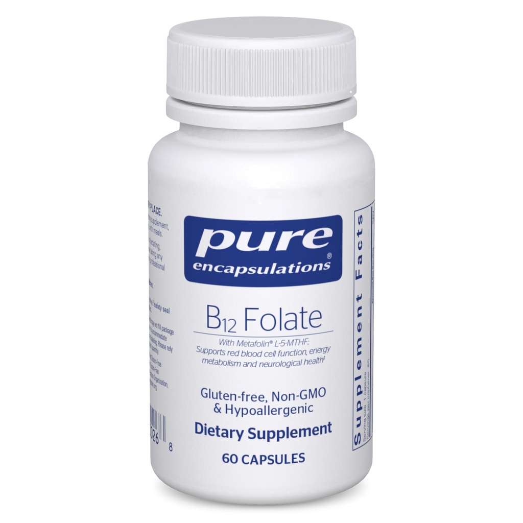 純粋なカプセル化B12 Folate - Nerves、エネルギー代謝と認知サポートをサポートするためのエネルギーサプリメント* - ビタミンBはMetafolinとして Folate - 60カプセル