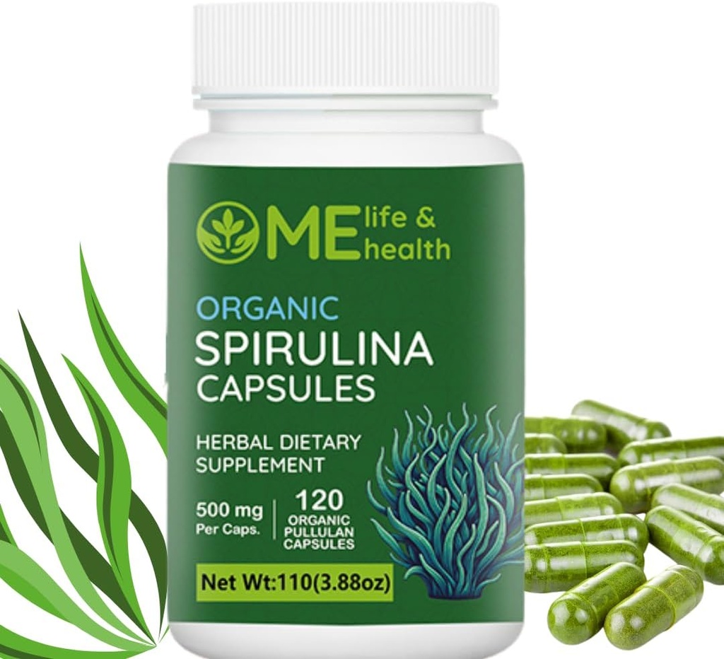 ME ライフ & ヘルス スピリナ カプセル, 100% 有機 スピリナ パウダー (120 ct) 500 mg タンパク質で豊富, ビタミン A, B12 抗酸化剤 & ビタミン, ビーガン, 自然と純粋なスピルリナ 非 GMO & グルテンフリー