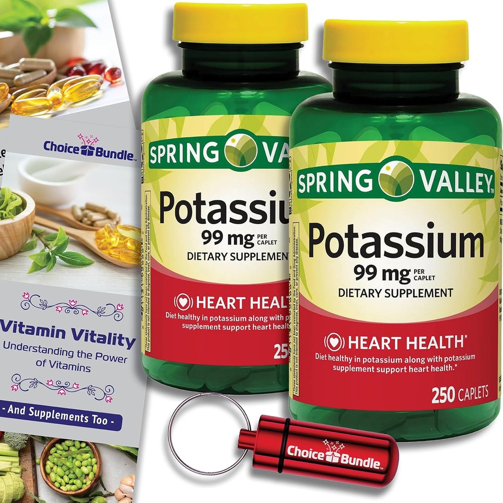 Choice Bundle Spring Valley Potassium Heart Health Dietary Supplement Caplets 99 mg 250 CT 2 pk (500 Total) + “Vitamin Vitality” Guide & Keychain Pill Container (4 Items)!