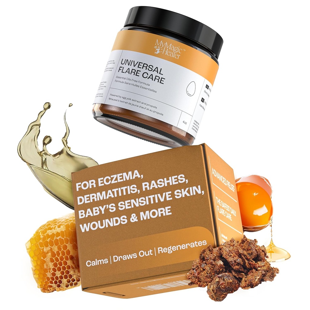MyMagicHealer ユニバーサルフレアケア | エッセンシャルオイルフリー | 発疹、湿疹、乾癬、ヒドラデンフィス Suppurativa、インペティゴ、皮膚炎、傷の心配、敏感肌 w/プロポリス&卵黄 4 oz