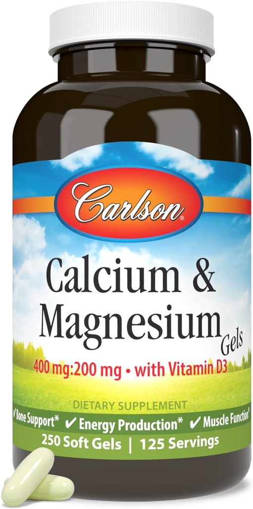 Carlson - Calcium & Magnesium Gels, 2:1 Calcium to Magnesium Ratio, 200 mg Calcium Supplement, 100 mg Magnesium Supplement, Bone Support, Energy Production, 250 Softgels