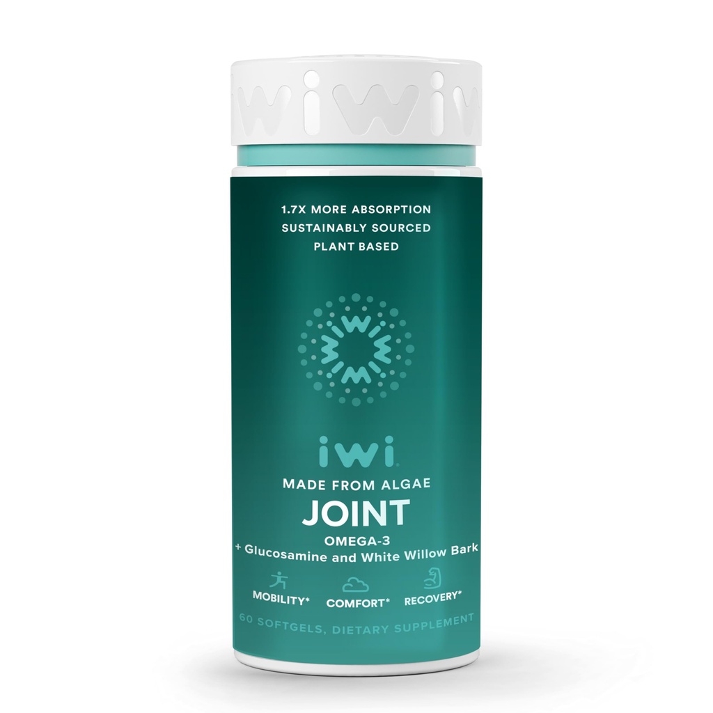 Iwiライフジョイントオメガ-3、60 Softgels(30サービング)、植物ベースの藻オメガ3、Glucosamine、モビリティサポート栄養補助食品、Krill&Fish Oil代替、Fishy Aftertasteなし