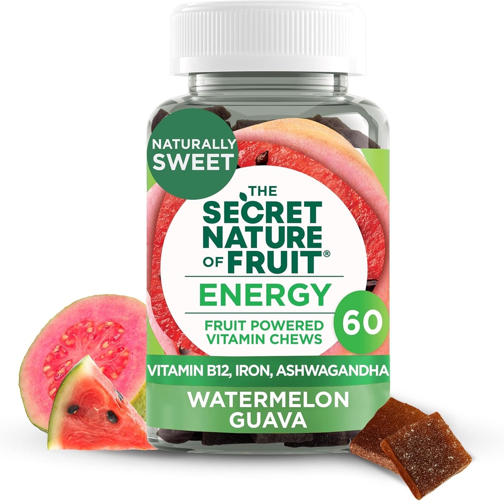 The Secret Nature of Fruit Energy Chews, Real Fruit Powered Vitamin Chews with Vitamin B12, Iron, Ashwagandha, Watermelon & Guava for Long Lasting Energy (60 Count), Pink