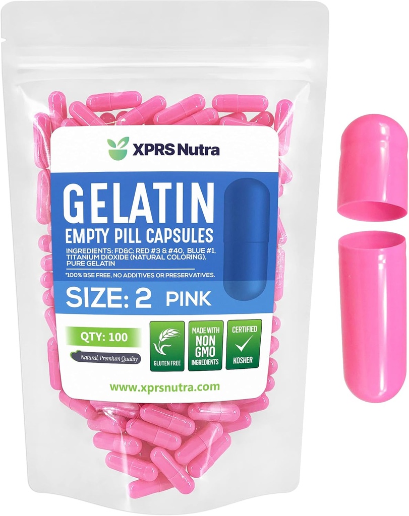 XPRSのNutraのサイズ2の空のカプセル- 100の計算の空のゼラチンのカプセル-Pills DIYのカプセルの詰物-Do-It-Yourselfの補足のための純粋な牛のゲルの帽子(ピンク)