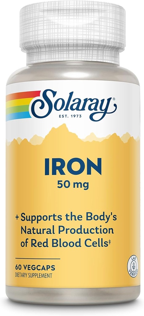 SOLARAY Iron Capsules 50mg - Iron Supplement for Women and Men w/Parsley and Yellow Dock Root, Supports Body's Natural Production of Red Blood Cells, 60-Day Guarantee, 60 Servings