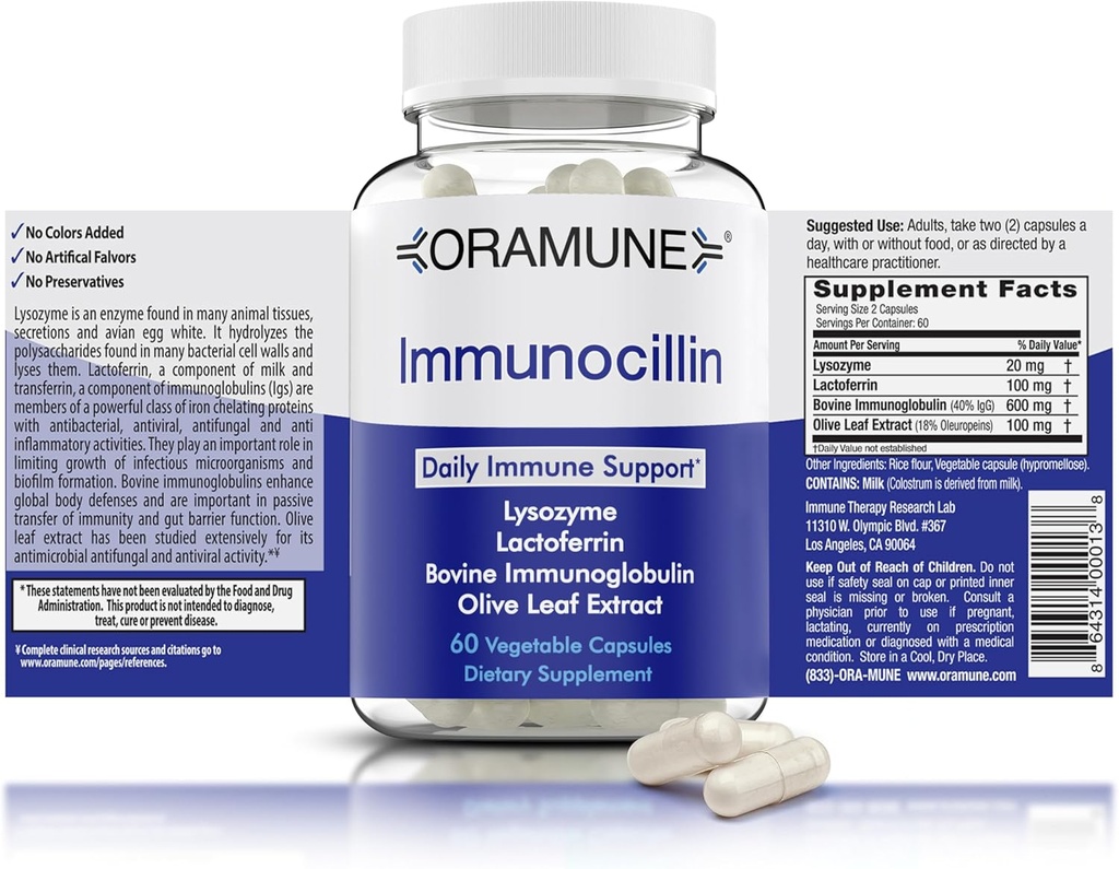 Support Supplement with Transfer Factor and Pure Colostrum ImmunoCillin | Lysozyme, Lactoferrin, Bovine Immunoglobulin & Olive Leaf Extract, 60 Capsules