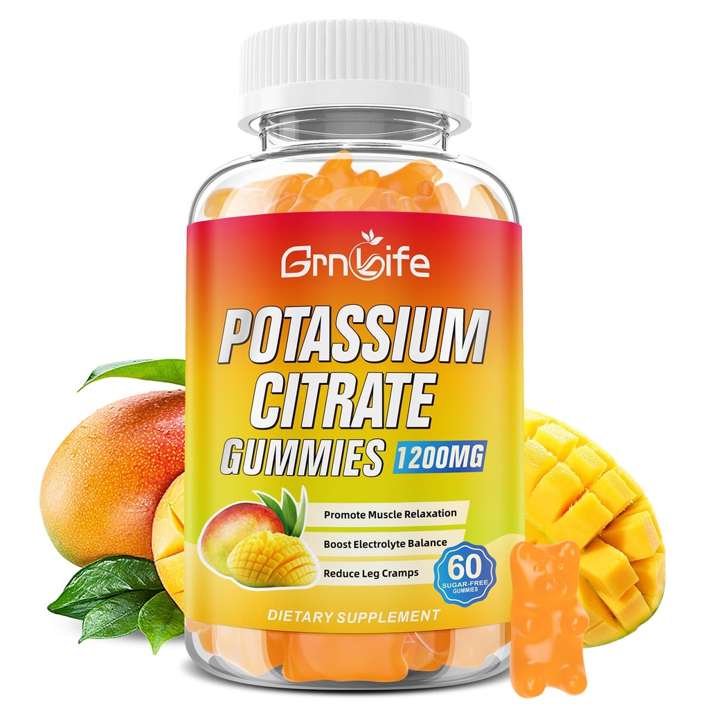 Potassium Citrate Gummies, High Potassium Supplement Gummies 1200mg for Adults & Kids, Support Leg Cramps & Muscle Health, Vegan, Mango Flavor 60 Count