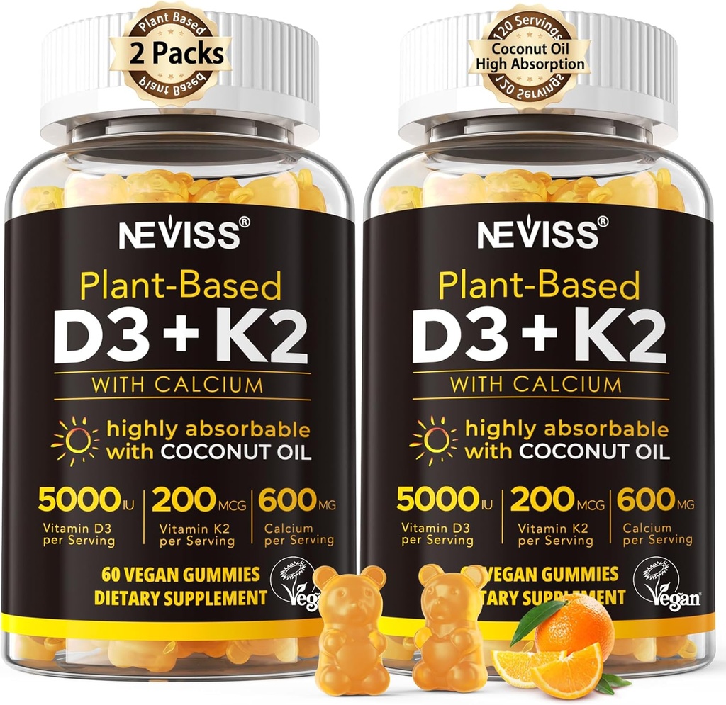 ビタミンD3 5000iu及びK2 (MK7として) 200mcg Gummies + 600mg Calcium、高吸収のためのココナッツ油、最高の強さのビタミンD3 K2の補足-骨の筋肉歯の免疫、ビーガン2Packsのためのサポート