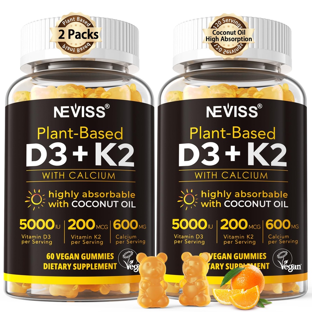 ビタミンD3 5000iu及びK2 (MK7として) 200mcg Gummies + 600mg Calcium、高吸収のためのココナッツ油、最高の強さのビタミンD3 K2の補足-骨の筋肉歯の免疫、ビーガン2Packsのためのサポート