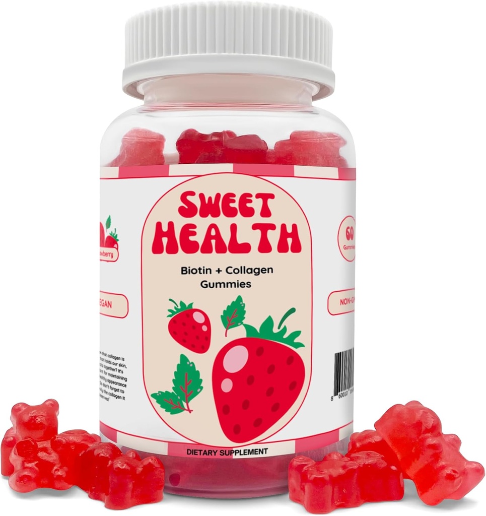 Sweet Health Hair Gummies | Youthful Skin + Hair Growth + Stronger Nails | 10,000% Biotin + Collagen | Non-GMO | Sweet Strawberry