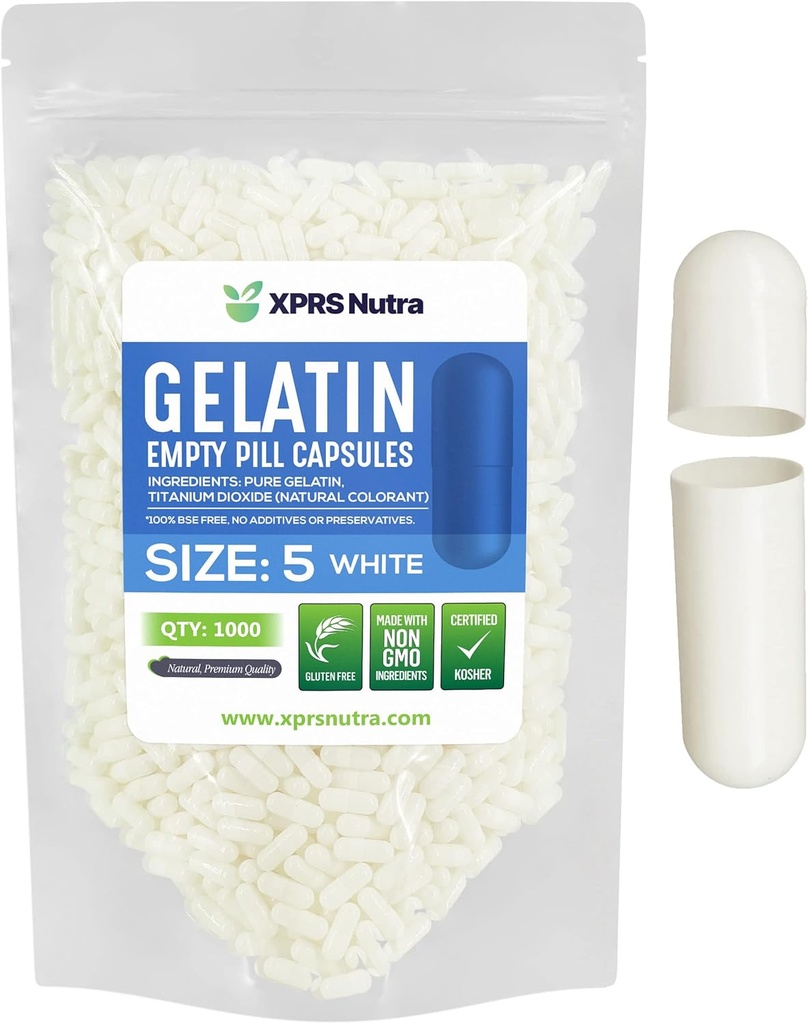 XPRS Nutraのサイズ5の空のカプセル-1000の計算の非常に小さい空のゼラチンのカプセル-Pills DIYのカプセルの詰物-Do-It-Yourselfのビタミンの補足のための満たされた丸薬のゲルの帽子(白)
