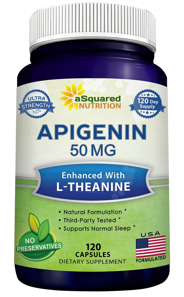 asquared栄養アピゲニン50mg&L-テアニン200mg - 120カプセル - Apigeninサプリメントは、睡眠とリラックスのための丸薬 - Chamomile Teaで発見された天然バイオフラボノイドエキス