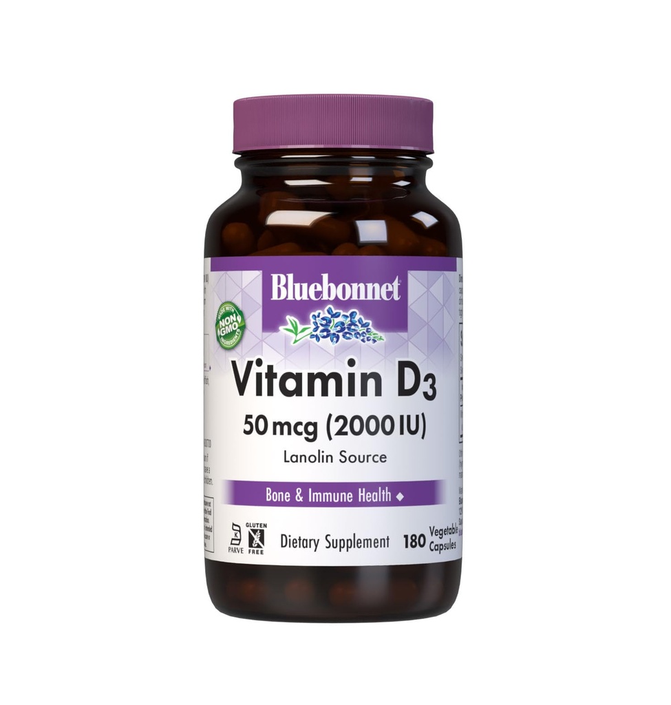 Bluebonnet栄養ビタミンD3 2000 IU野菜カプセル、筋肉と骨格成長の補助、Lanolin、D3、非GMO、グルテンフリー、豆乳無料、コシャ、180野菜カプセル