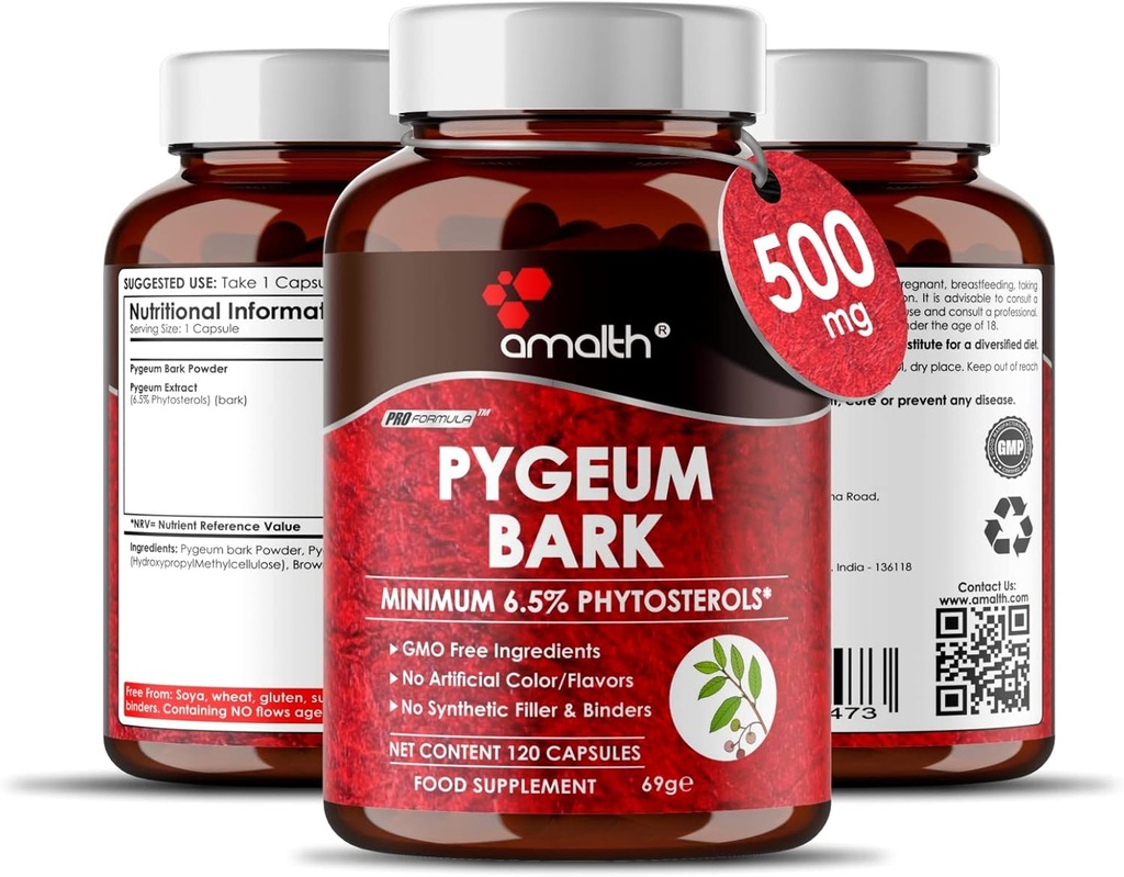 Amalth Pygeum Bark Extract Powder Higher Potency (6.5% phytosterols) Supports Urinary Tract & Prostate Health Men Herbal Supplements 120 Capsules (Non –GMO)